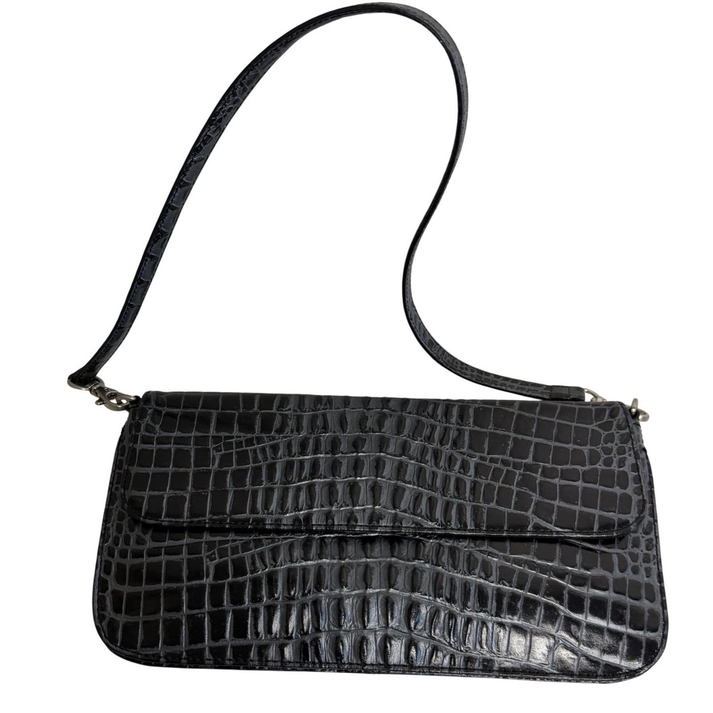 Preston & York Black Croc Embossed Leather Shoulder Bag Y2K Mini Baguette Purse